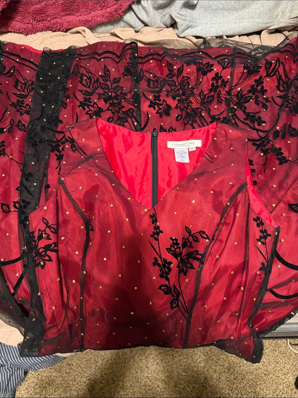 Vintage 90s Coldwater Creek Whimsigoth Velvet Mesh Maxi Dress Red Black